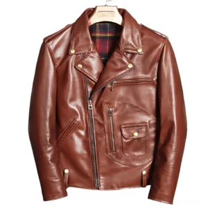 Brown genuine leather gothic moto jacket with asymmetrical zipper and brass hardware, front flat lay view