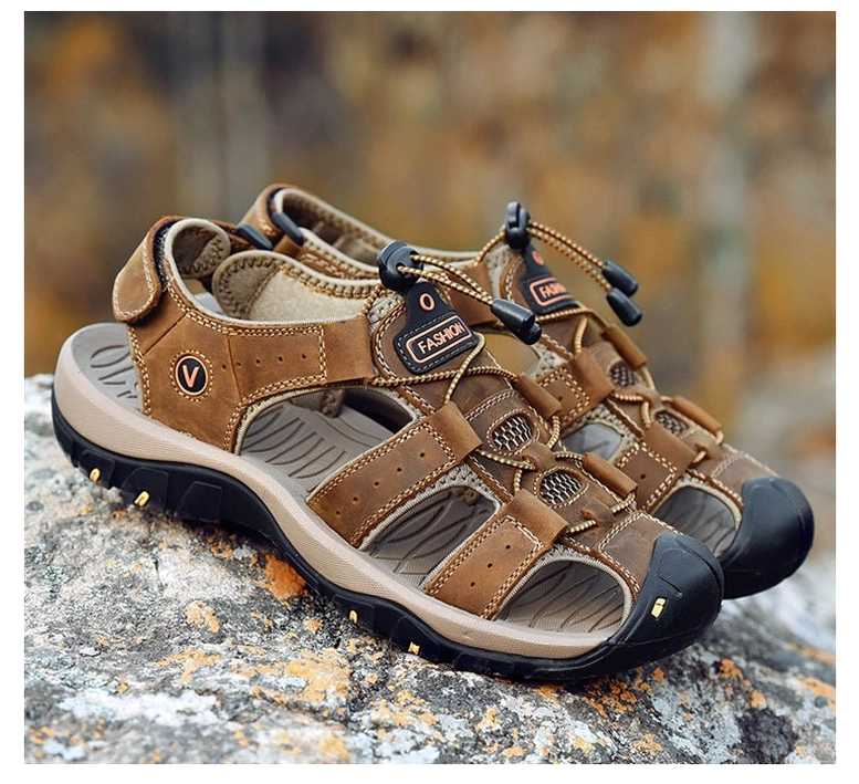 Brown genuine leather gothic sandals for men with non-slip sole and closed toe construction - low angle outdoor shot