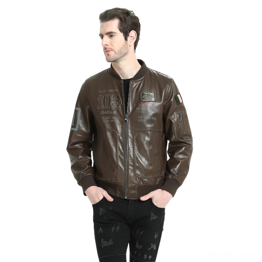 Brown genuine leather biker jacket sleeve and cuff detail texture and stitching