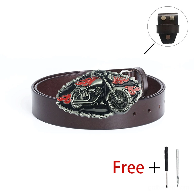 Brown leather motorcycle biker belt with silver flame-decorated buckle, showing included free repair tools and maintenance screwdrivers