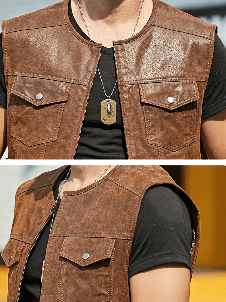 Brown pigskin leather motorcycle vest close-up front view showing snap pockets, metal zipper, and texture details on model