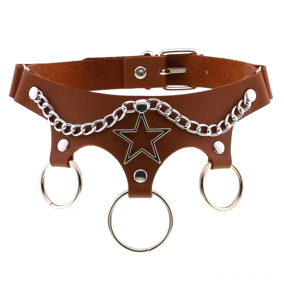 Brown leather star choker with silver decorative chain accent
