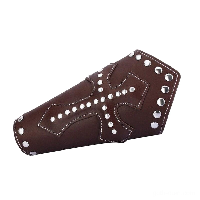 Brown leather Templar cross bracelet oblique view showing studded medieval design