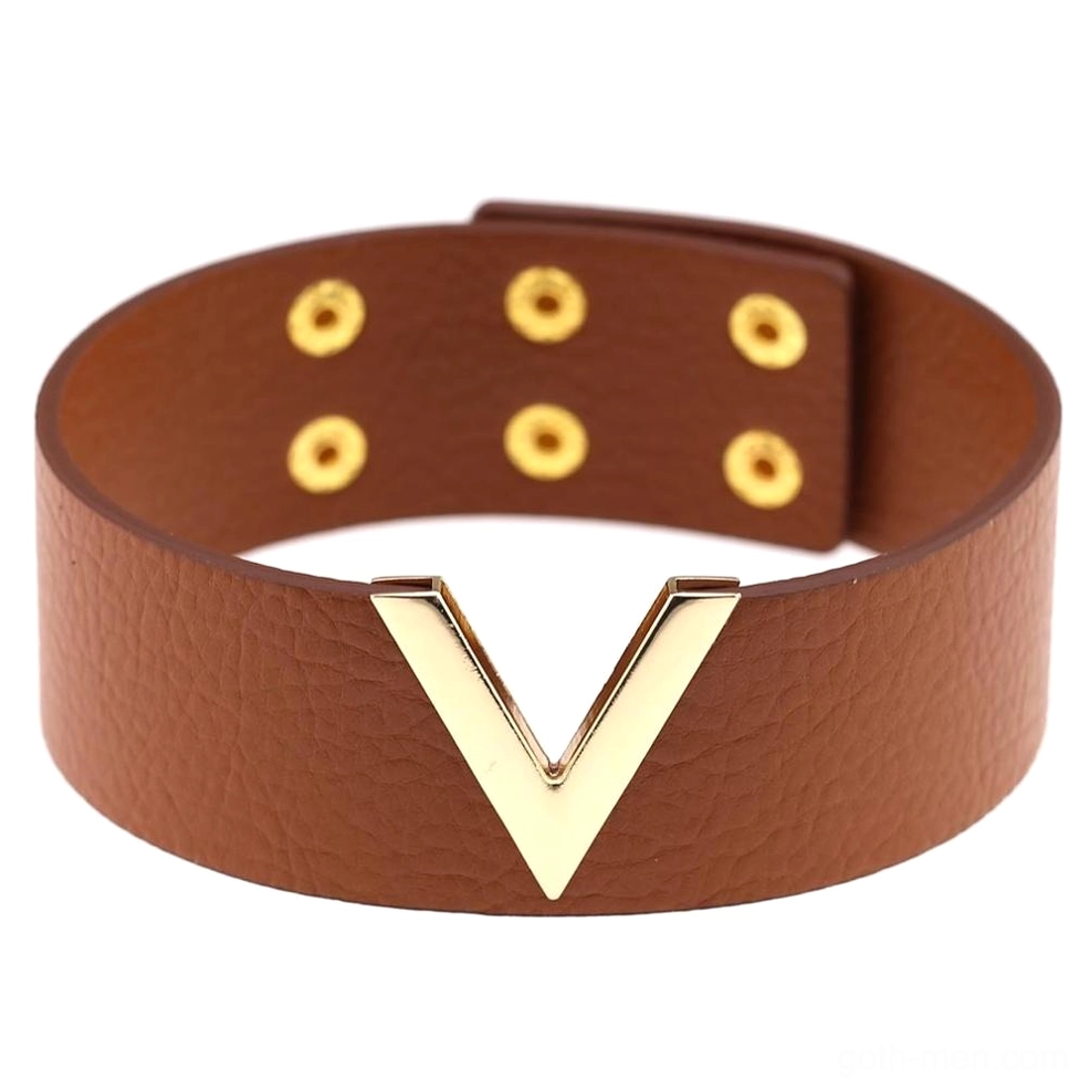 Brown PU leather V-choker with gold metal detail - gothic punk collar