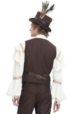 Brown pinstriped gothic waistcoat back view showing adjustable leather strap and tailored fit on male model