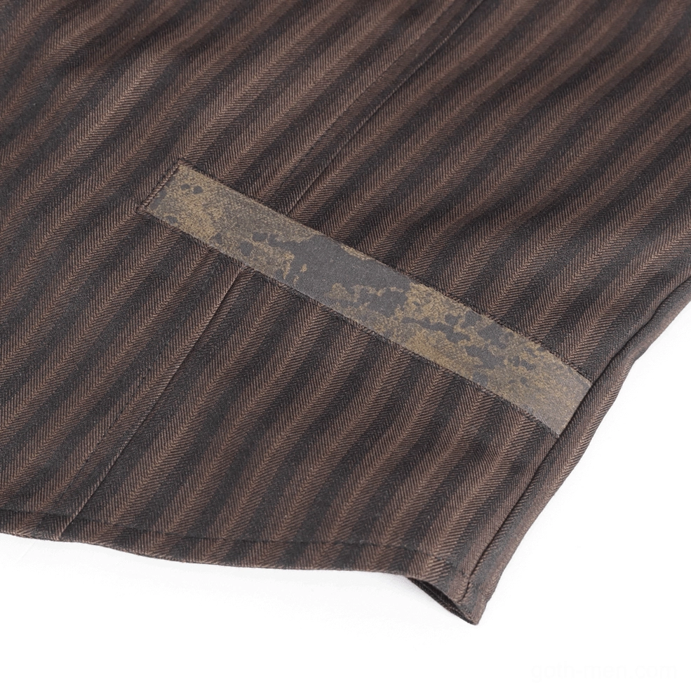 Brown pinstriped gothic waistcoat layering demonstration with casual dark aesthetic and band t-shirt pairing