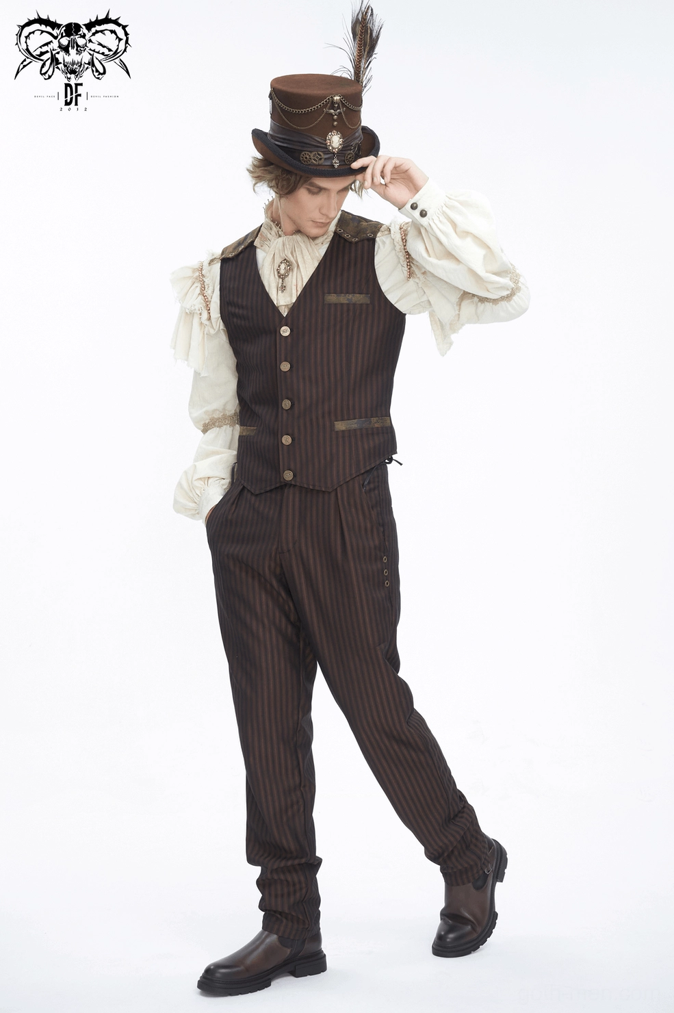Brown pinstriped gothic waistcoat fabric composition and care instructions information chart