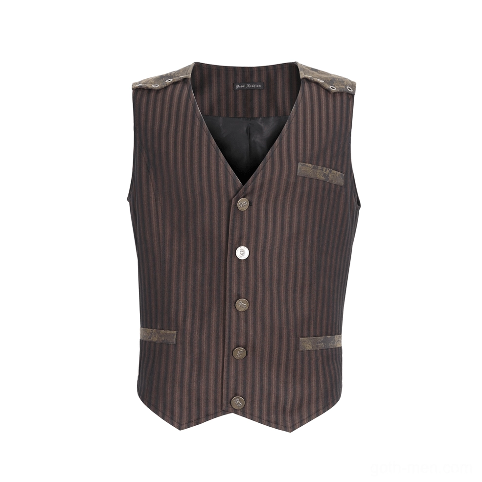 Brown pinstriped gothic waistcoat flat lay front view on dress form, vintage leather trims and embossed buttons detail