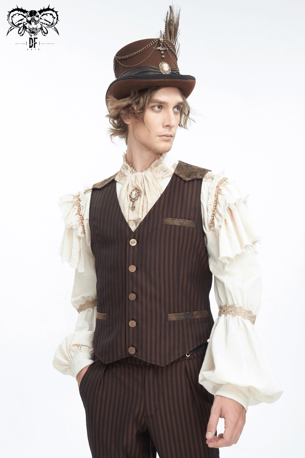 Brown pinstriped gothic waistcoat formal styling showcase with crisp white dress shirt and tailored black trousers