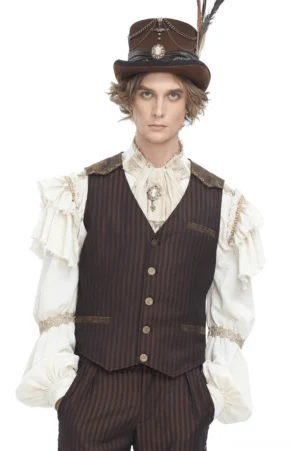 Brown pinstriped gothic waistcoat front view on male model with ruffled shirt and feather top hat, steampunk styling