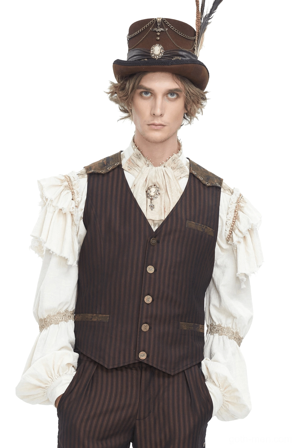 Brown pinstriped gothic waistcoat front view on male model with ruffled shirt and feather top hat, steampunk styling