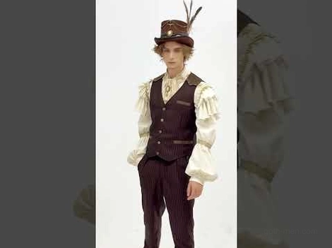 Brown pinstriped gothic waistcoat half-front view male model wearing ruffled shirt and feather hat studio shot