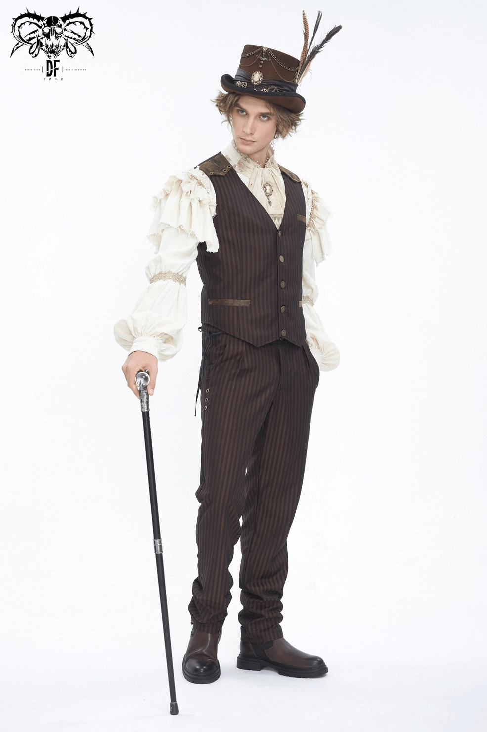 Brown pinstriped gothic waistcoat product packaging and presentation for gothic alternative fashion online store