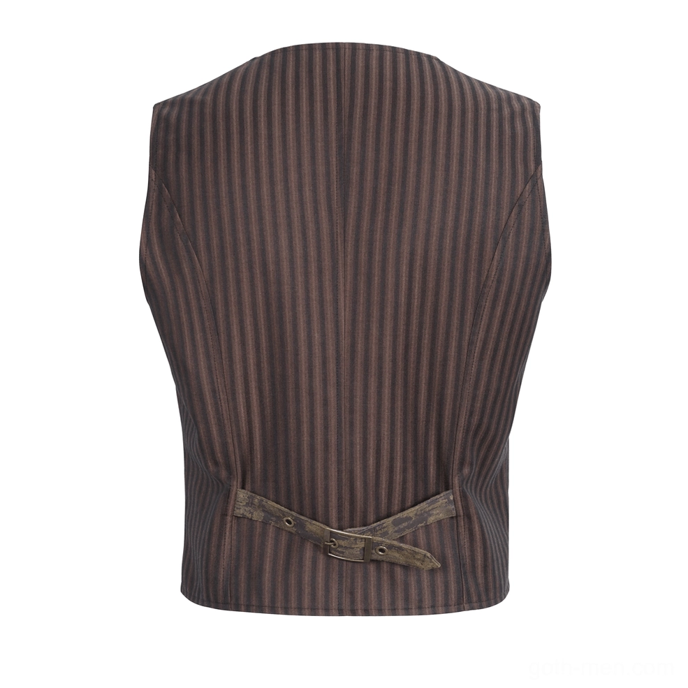 Brown pinstriped gothic waistcoat rear view on dress form showing adjustable back strap and tailored construction