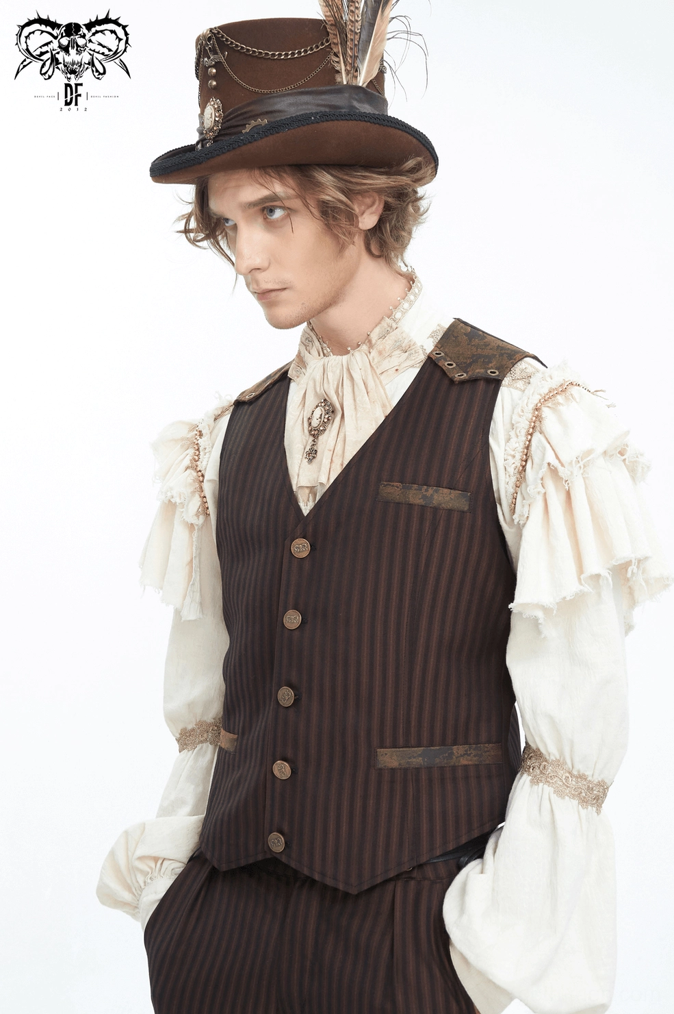 Brown pinstriped gothic waistcoat size chart reference guide with measurements in centimeters and inches
