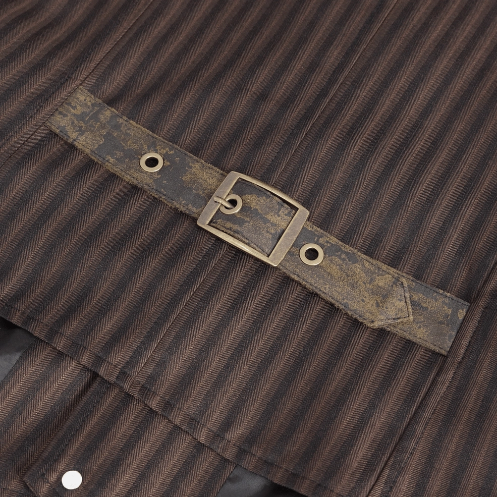 Brown pinstriped gothic waistcoat alternative styling guide showing versatile outfit pairing options for dark fashion