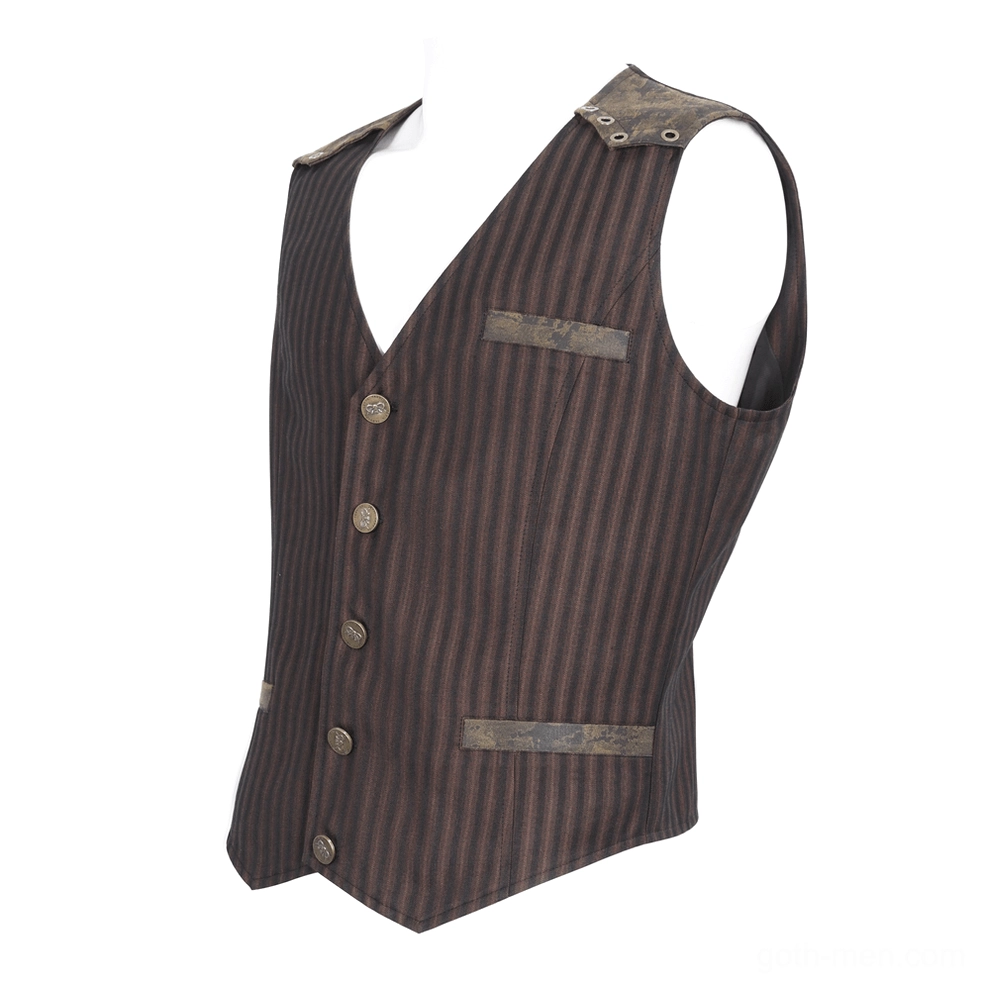 Brown pinstriped gothic waistcoat three-quarter front view on dress form, metal buttons and distressed leather accents visible
