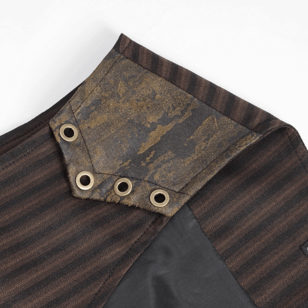 Close-up detail of brown pinstriped gothic waistcoat shoulder trim with distressed leather panel and metal eyelets