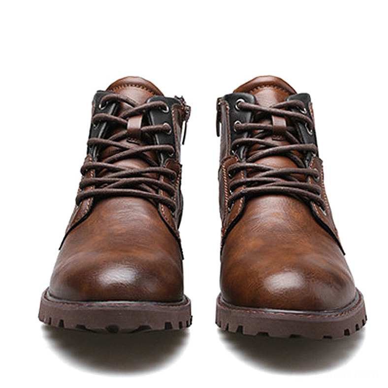 Pair of brown leather gothic ankle boots with lace-up and side zipper detail, front direct view