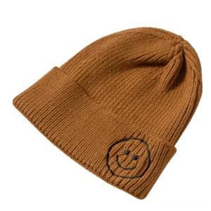 Brown ribbed knit beanie with dark brown smiley face embroidery, gothic winter accessory