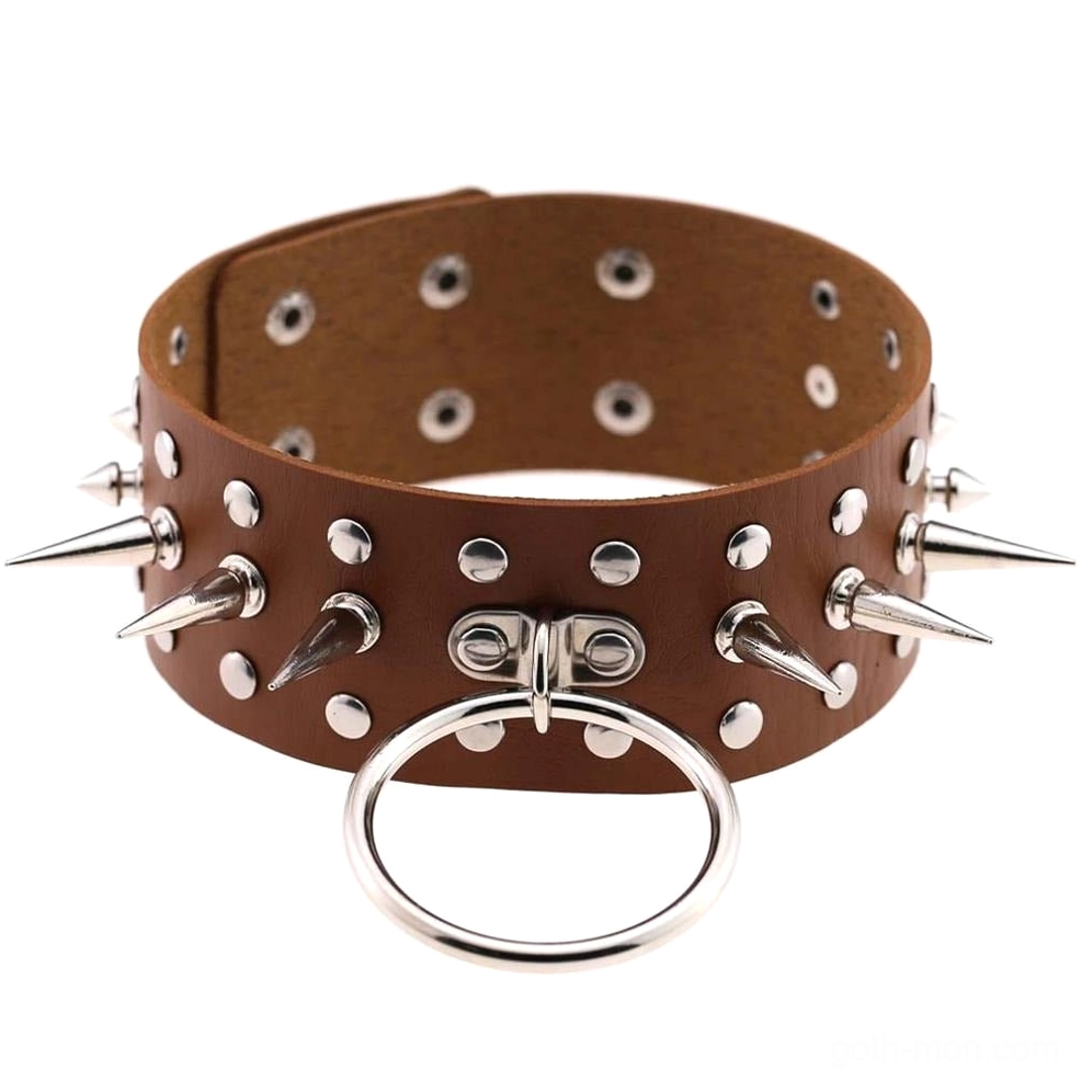 Brown leather gothic choker with metal spikes and O-ring front view flat lay on white background