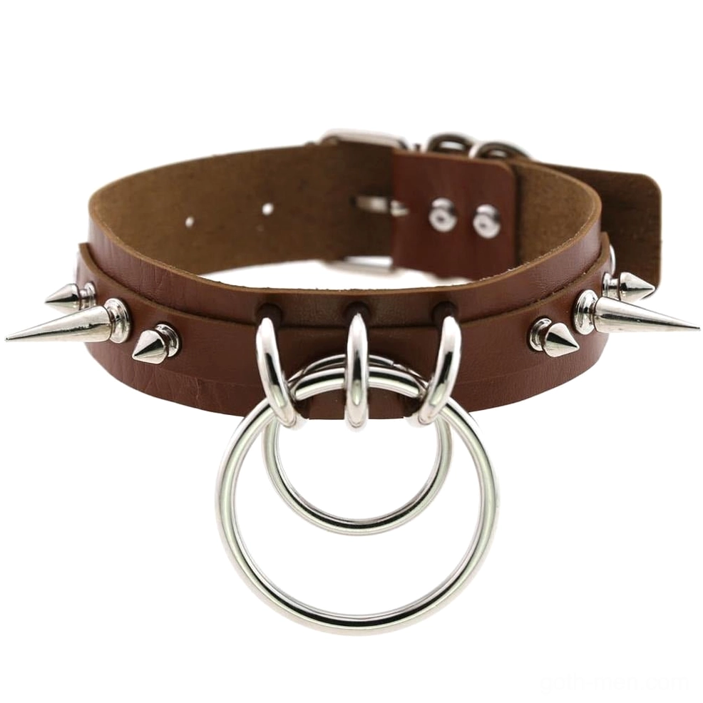 Brown spiked PU leather choker with dual O-rings and metal spike decorations