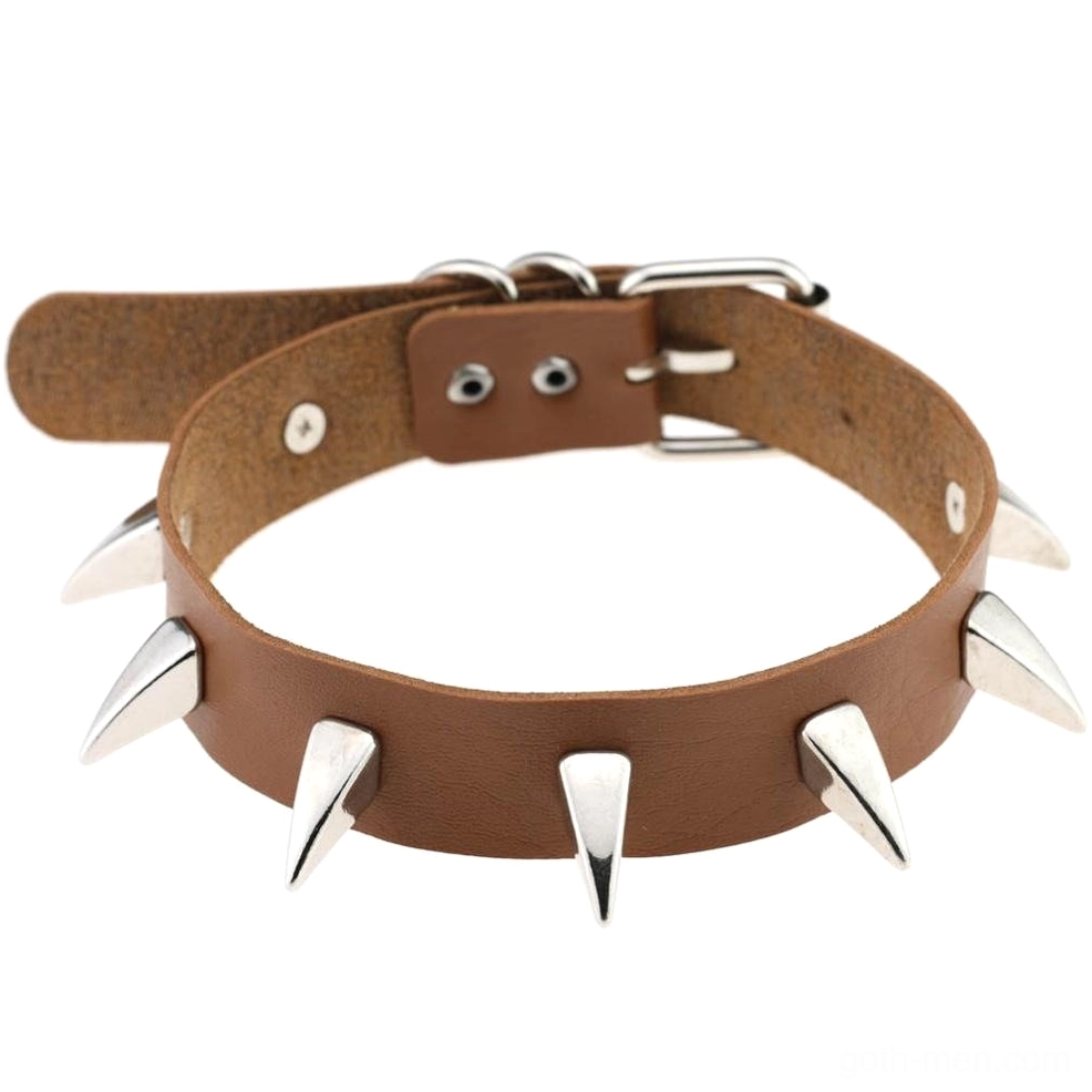 Classic brown spiked leather choker with silver cone spike rivets gothic style