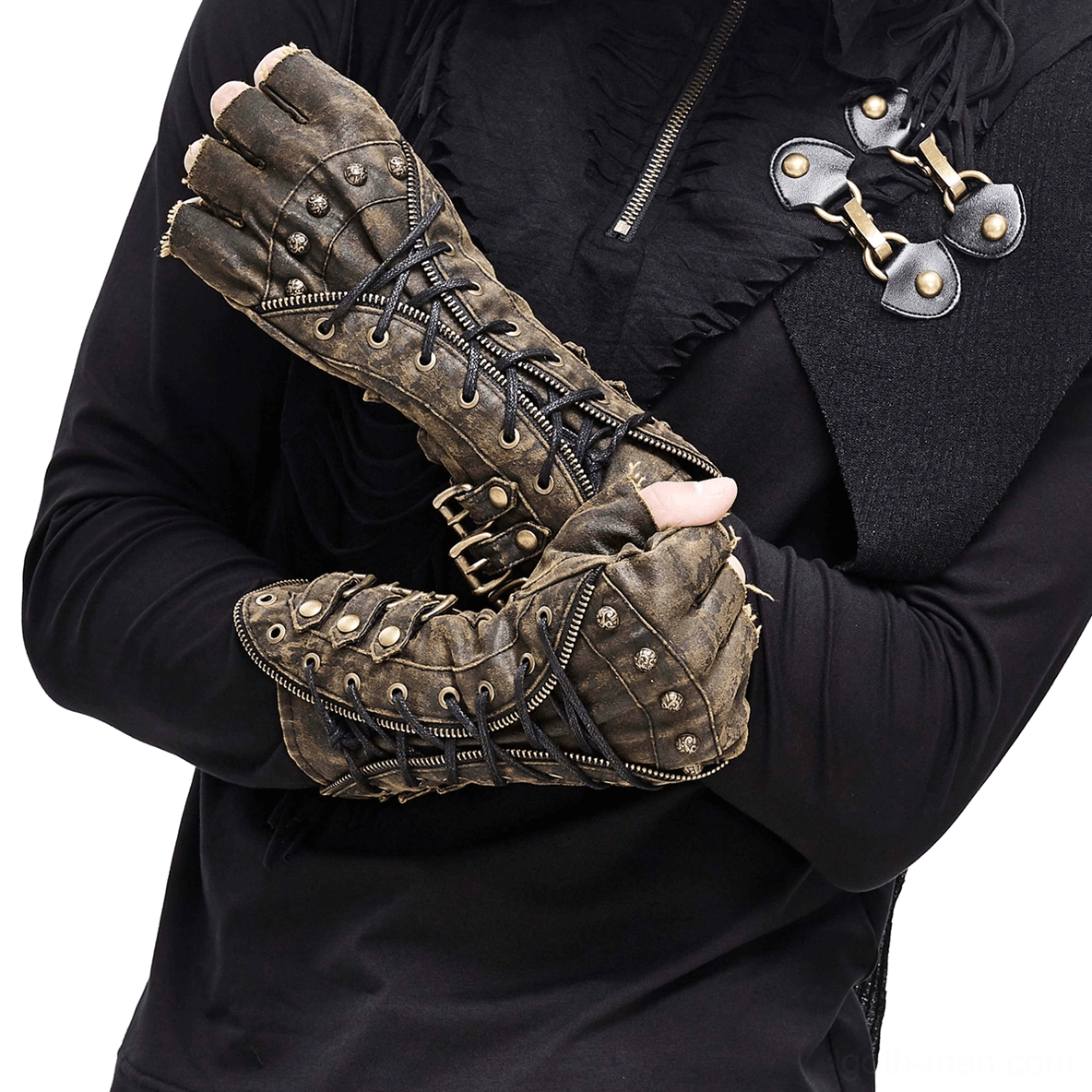 Steampunk fingerless gauntlet gloves on male model with crossed hands, distressed brown leather and metal studs
