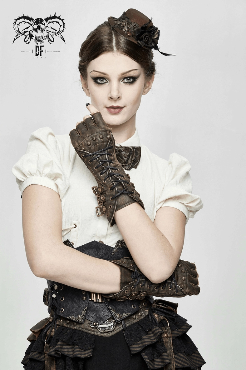 Steampunk fingerless gloves styled with gothic aesthetic, showing metal rivets and distressed brown leather