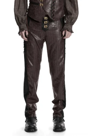 Brown striped steampunk faux leather pants front view with antique gold metal clasps and black side panels on male model