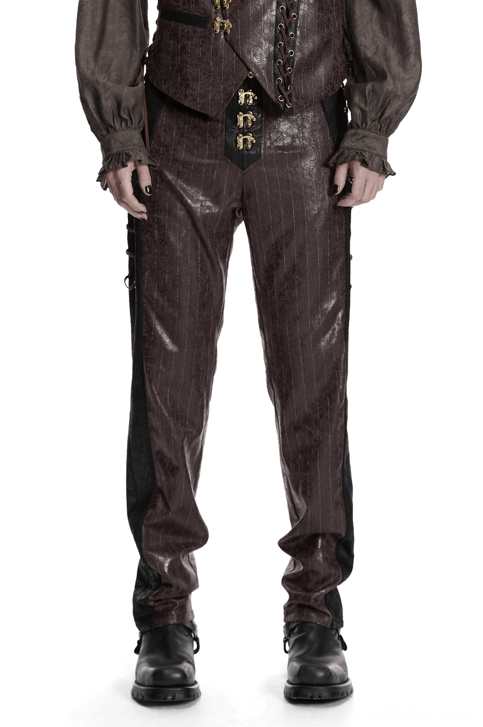 Brown striped steampunk faux leather pants front view with antique gold metal clasps and black side panels on male model