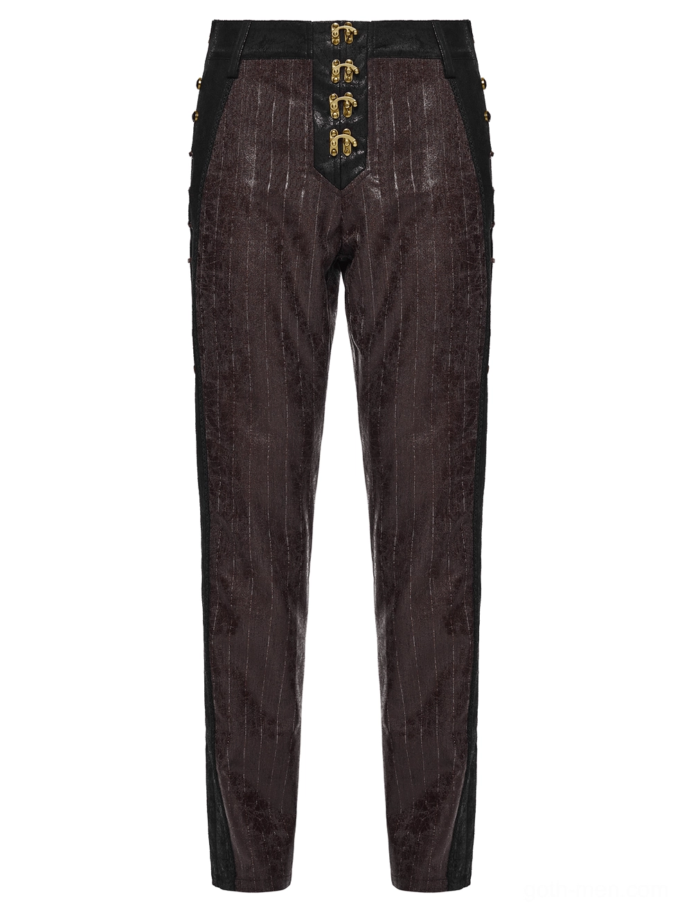 Front flat lay of brown steampunk leather pants showing pinstriped faux leather and antique gold clasp closure