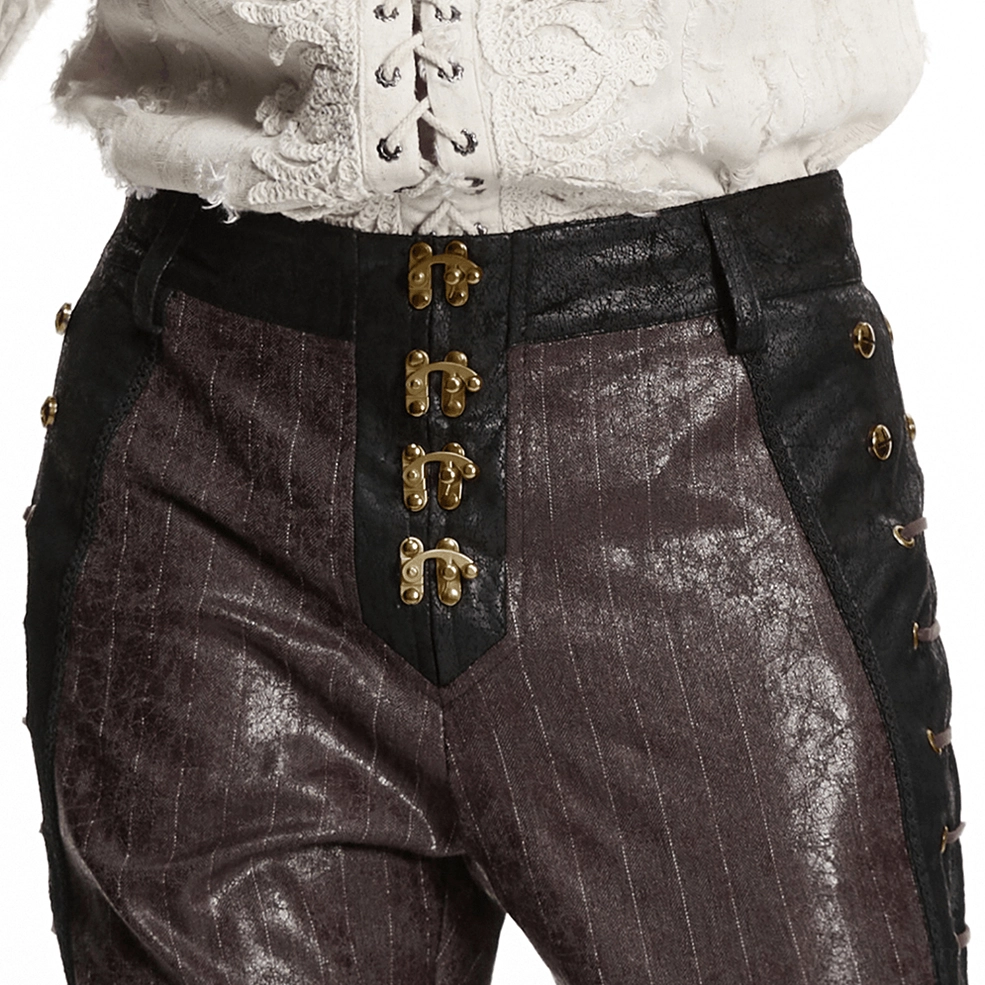 Side view of brown steampunk striped leather pants on model showing fitted silhouette and industrial design