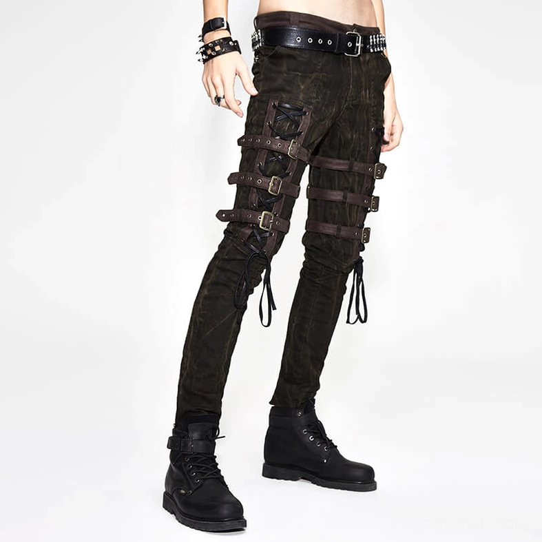 Brown steampunk pencil pants alternative fashion styling showing full length silhouette and slim-fit tapered cut