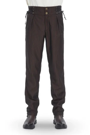 Brown striped gothic lace-up trousers front view on male model with vertical stripes and adjustable side closures