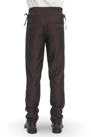 Brown striped gothic trousers rear view showing high-rise waistband and tailored back panels