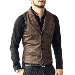 Men's brown suede gothic waistcoat front three-quarter view with notched lapel and flap pockets on model