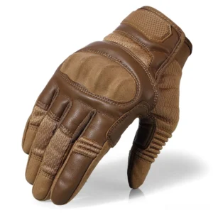Brown suede leather tactical gloves with padded knuckle guard and finger protection