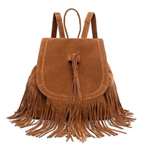 Brown velour suede tassel backpack with matte finish and decorative flap cover, perfect for gothic alternative style