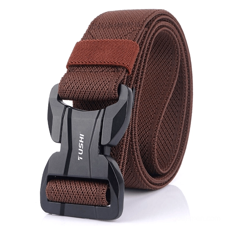 Dark brown elastic tactical belt with matte buckle, gothic fashion three-quarter perspective