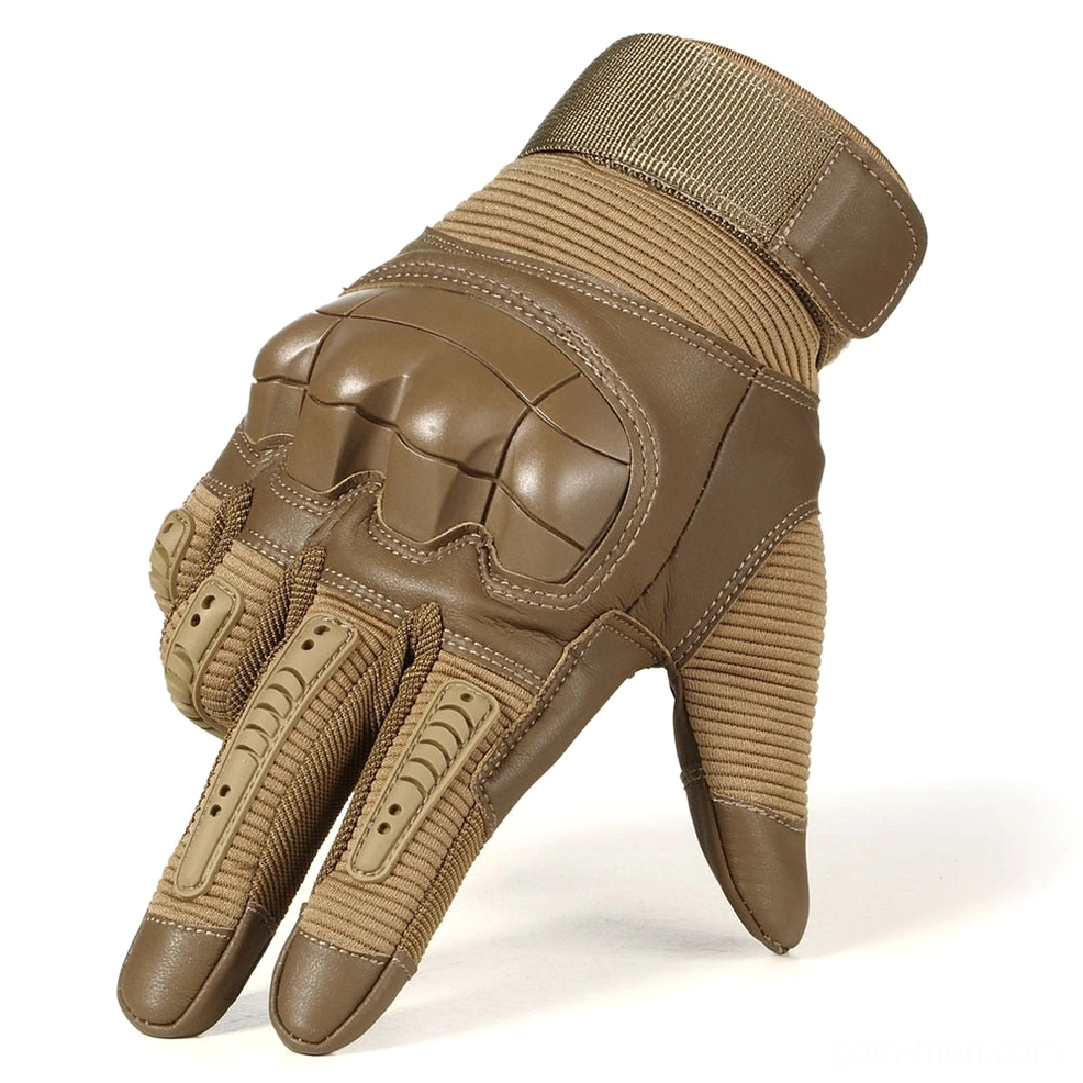 Brown tactical combat gloves full-finger with reinforced PU leather knuckles and ribbed microfiber construction