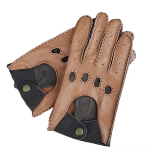 Dark brown and tan two-tone gothic riding gloves overhead view showing split-color leather design and perforated ventilation holes
