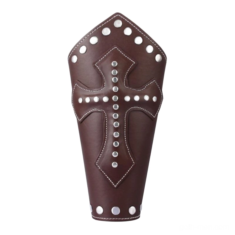 Brown leather Templar arm guard front view with riveted cross and rounded top edge