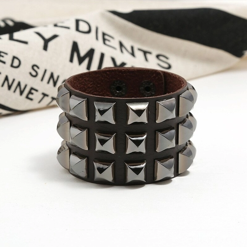 Brown studded leather gothic cuff bracelet triple-row studs - industrial style detail