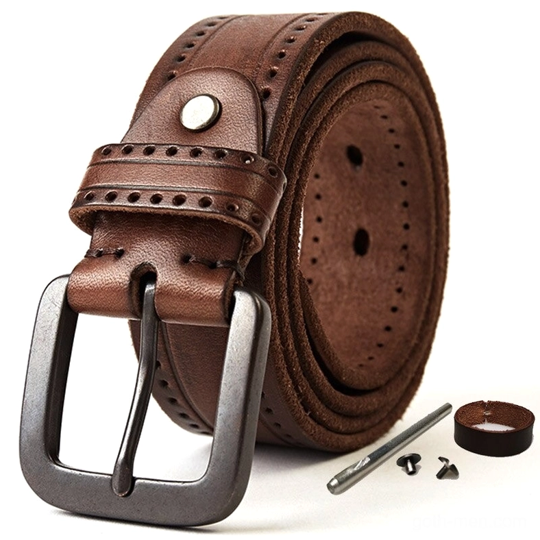 Brown vintage genuine leather belt, front three-quarter perspective showcasing brogued perforated strap and metal buckle attachment