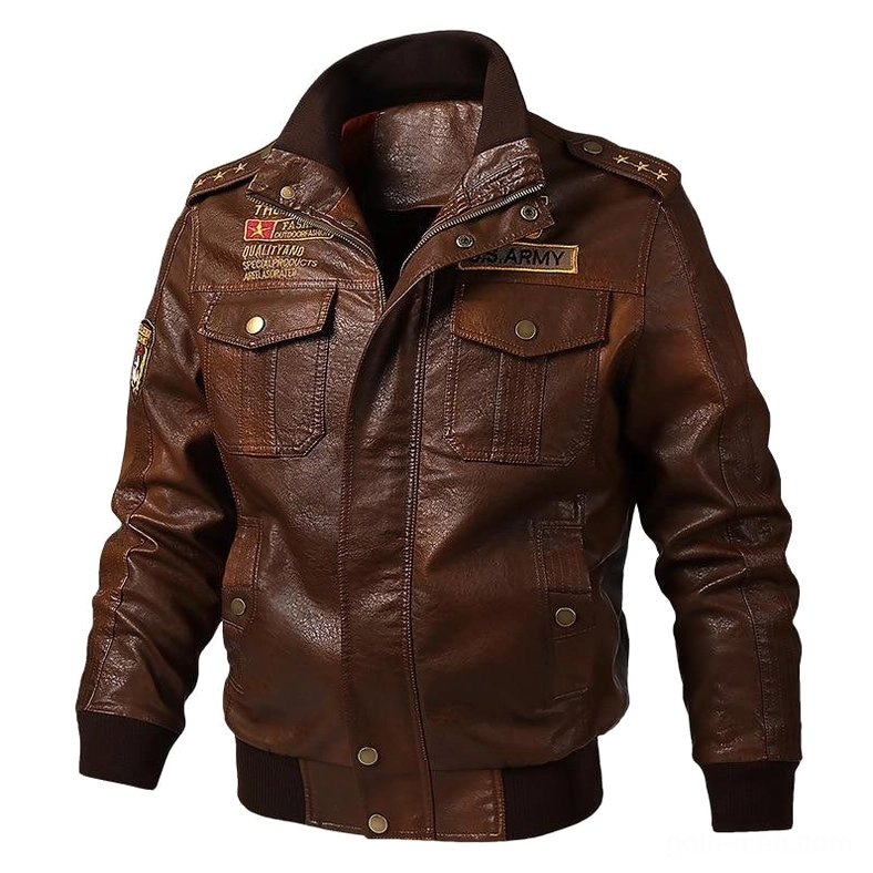 Vintage brown military PU biker jacket with ARMY embroidery and ribbed trims