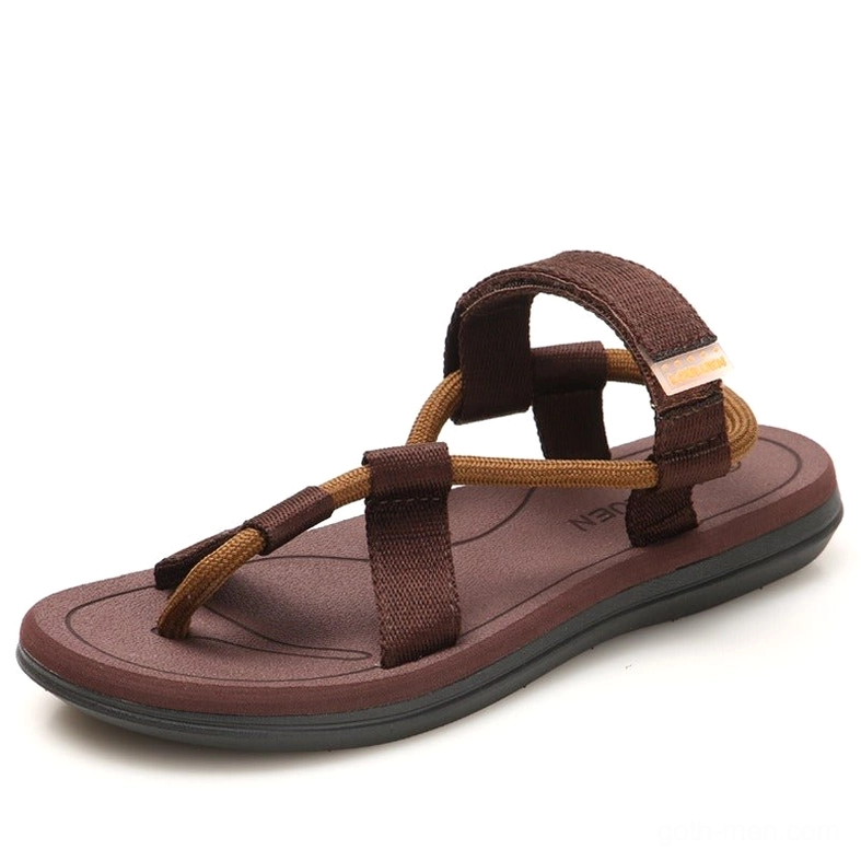 Brown woven gothic gladiator sandals with thong design, alternative fashion footwear
