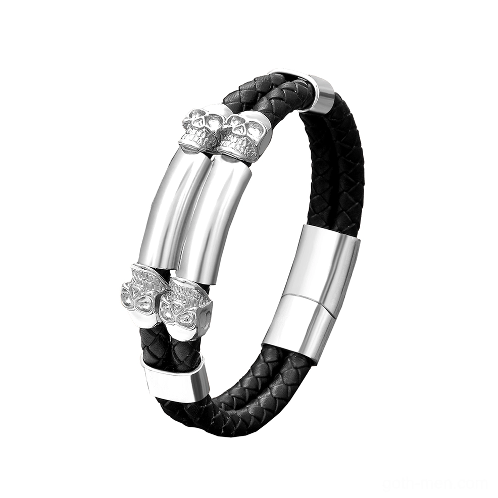 Brushed silver skull gothic bracelet with braided black leather band and secure magnetic fastening