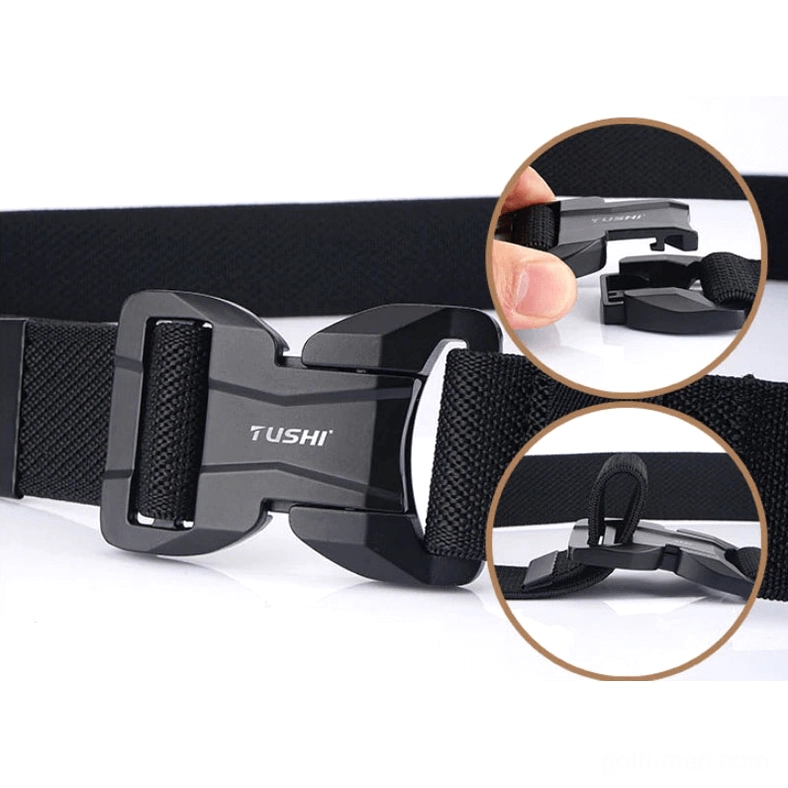 Tactical belt buckle detail magnified, zinc alloy construction and magnetic lock system showcase