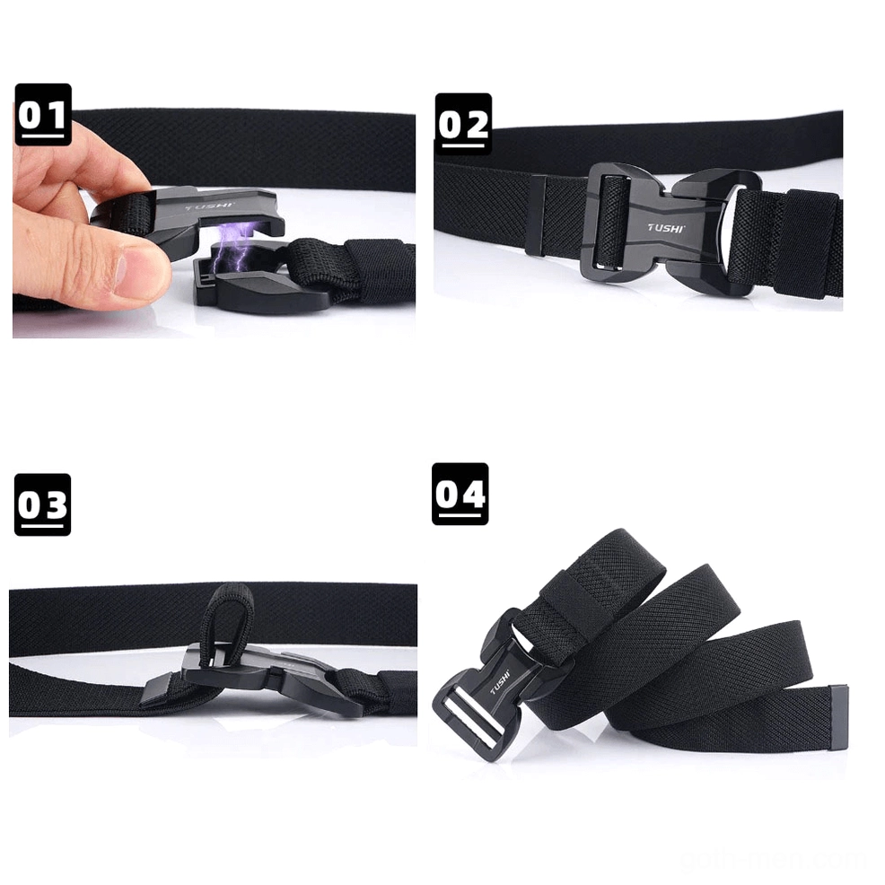 Magnetic quick-release buckle demonstration, four-step operation close-up showing mechanism